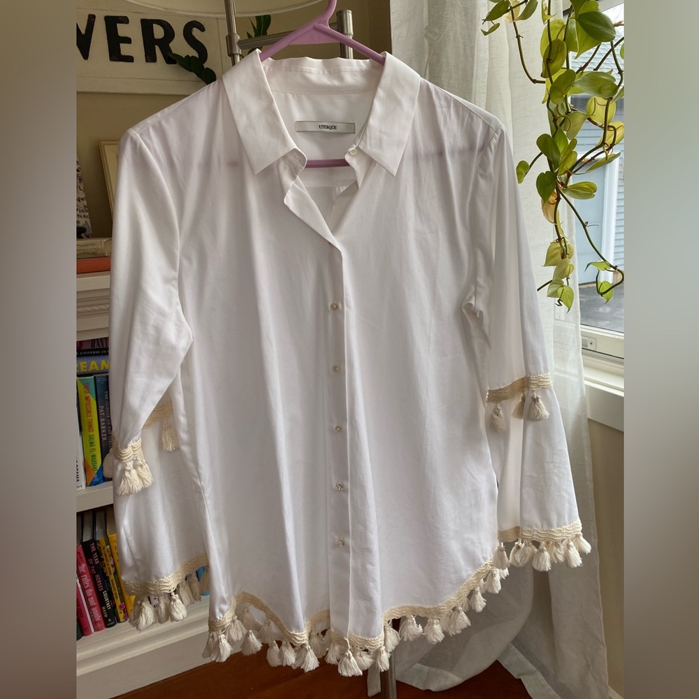 Uterque White Button-Up Shirt with Cream Tassel Trim